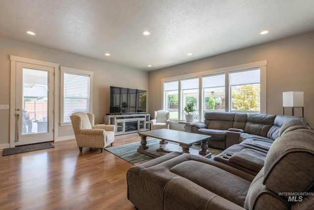 2522 N Foudy Ave, Eagle, ID 83616 - living room featuring recessed lighting, wood finished floors, baseboards, and a textured ceiling