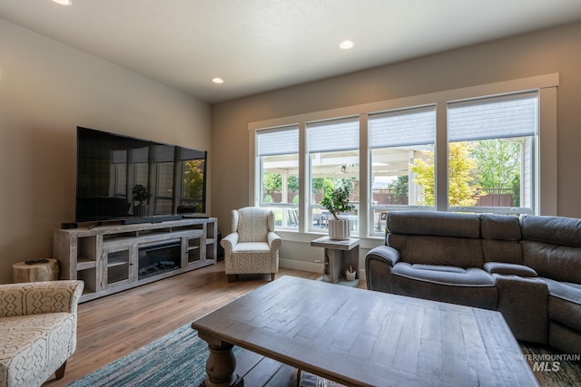2522 N Foudy Ave, Eagle, ID 83616 - living area with wood finished floors, recessed lighting, a glass covered fireplace, and baseboards