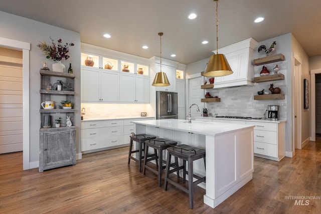 2522 N Foudy Ave, Eagle, ID 83616 - kitchen featuring open shelves, high end refrigerator, a sink, decorative backsplash, and recessed lighting