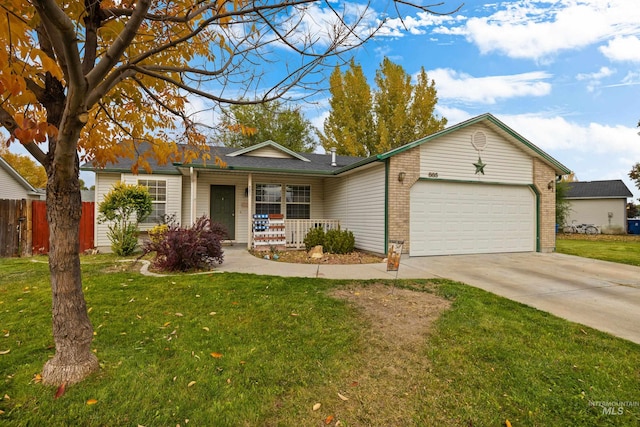 ranch-style house with a garage, a front lawn, and a porch