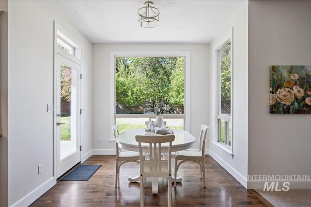 dining space featuring baseboards, dark wood-style flooring, a chandelier, and a healthy amount of sunlight