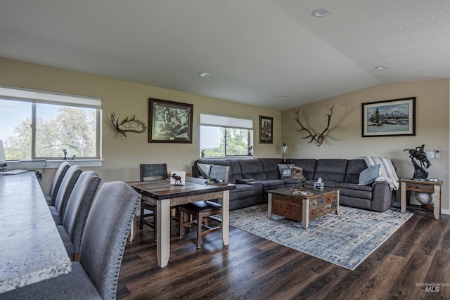 13005 Lake Shore Dr, Nampa, ID 83686 - living area featuring dark wood-type flooring, recessed lighting, and lofted ceiling