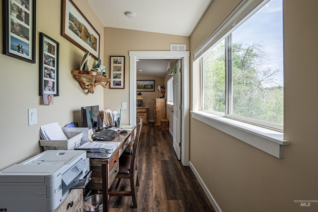 13005 Lake Shore Dr, Nampa, ID 83686 - office area featuring visible vents, baseboards, lofted ceiling, and dark wood-style floors