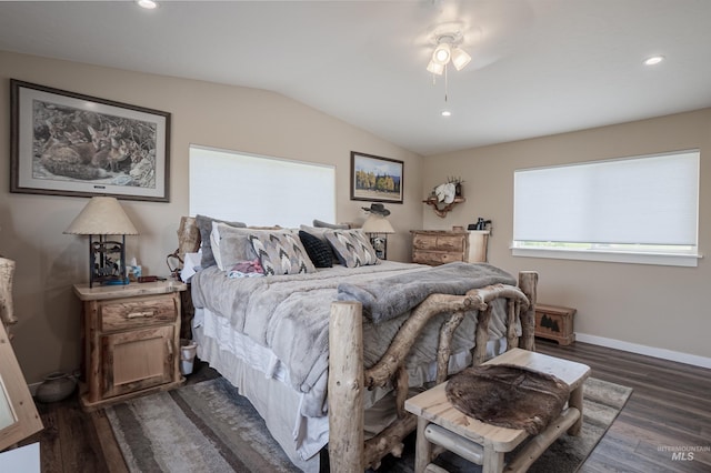 13005 Lake Shore Dr, Nampa, ID 83686 - bedroom featuring baseboards, recessed lighting, vaulted ceiling, and dark wood finished floors