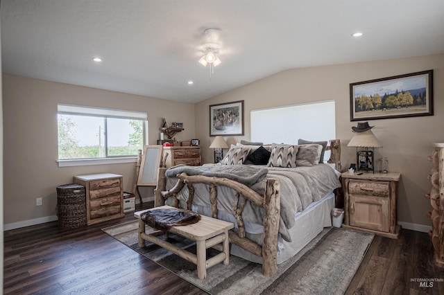13005 Lake Shore Dr, Nampa, ID 83686 - bedroom with dark wood-type flooring, baseboards, recessed lighting, and lofted ceiling