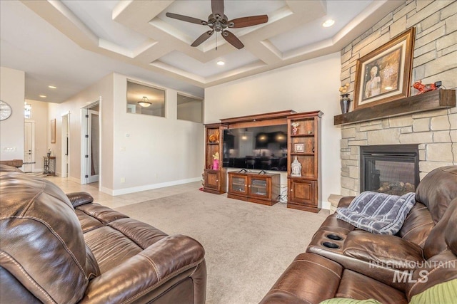 4595 N Tirso Ave, Meridian, ID 83646 - living room featuring a fireplace, a ceiling fan, baseboards, recessed lighting, and coffered ceiling