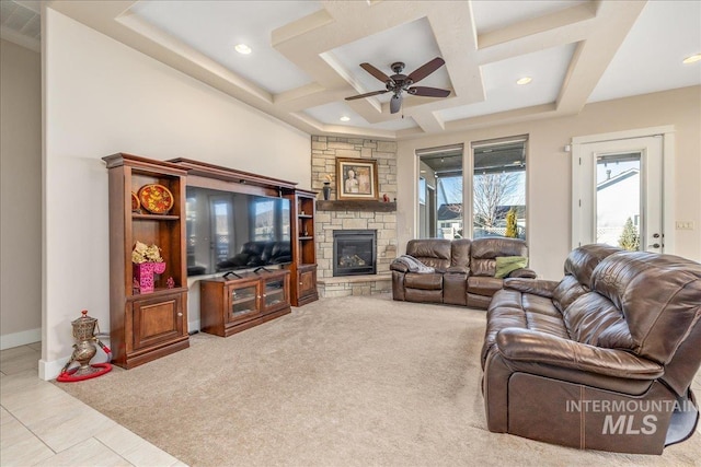 4595 N Tirso Ave, Meridian, ID 83646 - living area featuring recessed lighting, coffered ceiling, ceiling fan, and a fireplace