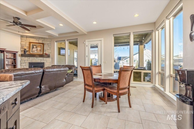 4595 N Tirso Ave, Meridian, ID 83646 - dining space with ceiling fan, a fireplace, recessed lighting, and a wealth of natural light