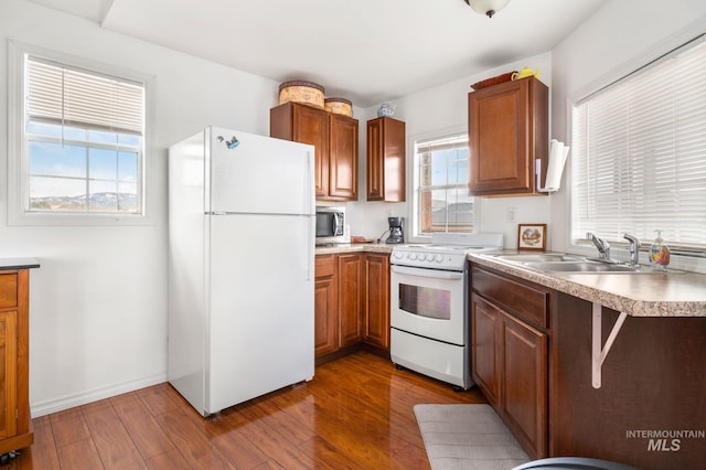 kitchen with dark wood-style flooring, white appliances, light countertops, and a sink