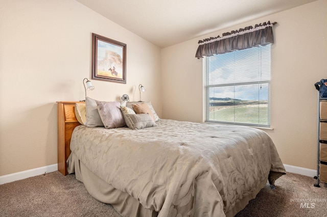 bedroom with baseboards, carpet floors, and lofted ceiling