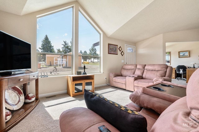 living area featuring visible vents, carpet floors, baseboards, and vaulted ceiling