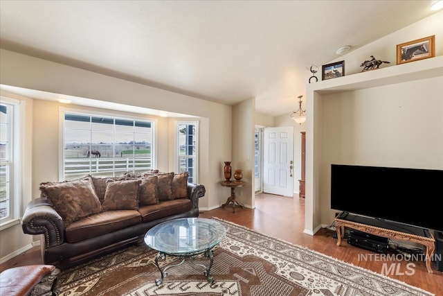 living room with baseboards and wood finished floors