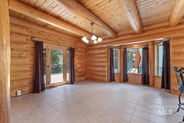 unfurnished room featuring an inviting chandelier, log walls, beam ceiling, wood ceiling, and light tile patterned floors