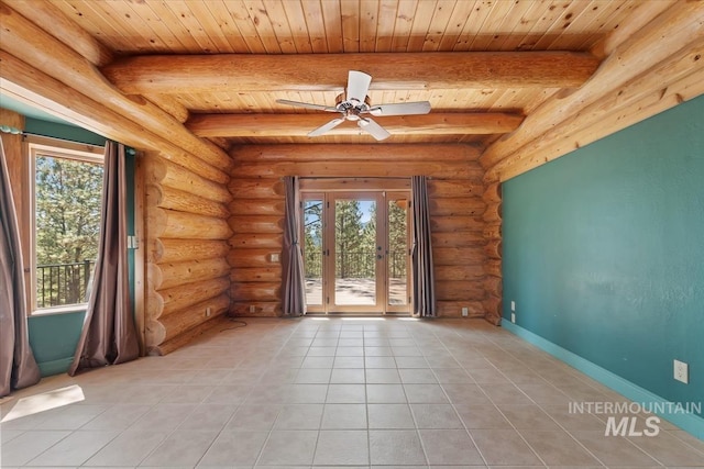 unfurnished room featuring beam ceiling, log walls, light tile patterned floors, and wooden ceiling