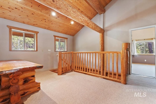 bonus room featuring carpet flooring, wooden ceiling, and a healthy amount of sunlight