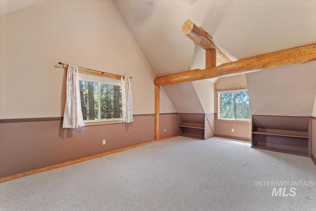 additional living space with carpet flooring, baseboards, and vaulted ceiling