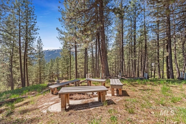 view of community featuring a forest view