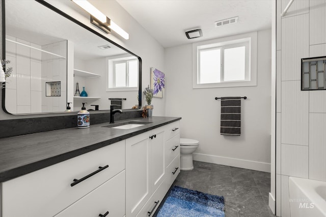 bathroom with baseboards, toilet, vanity, a bathtub, and a shower