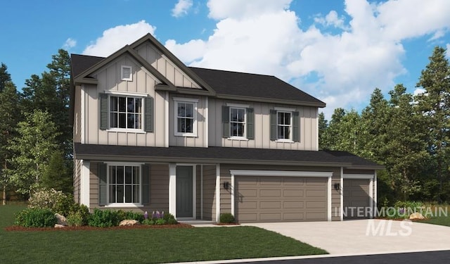 view of front facade with a garage, board and batten siding, concrete driveway, and a front yard