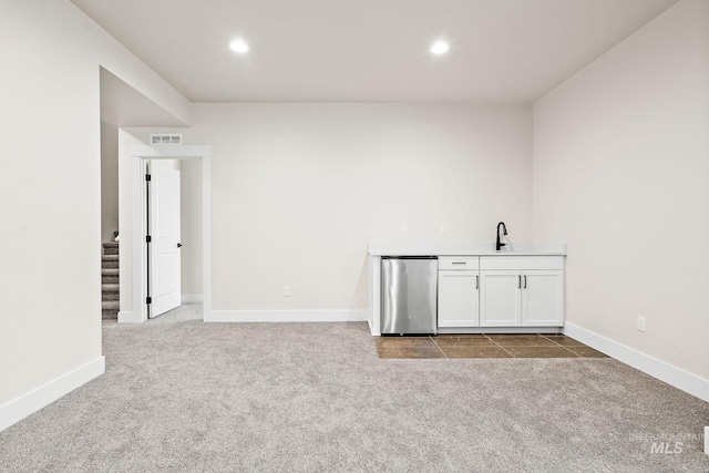 bar with recessed lighting, visible vents, dark carpet, and stairway