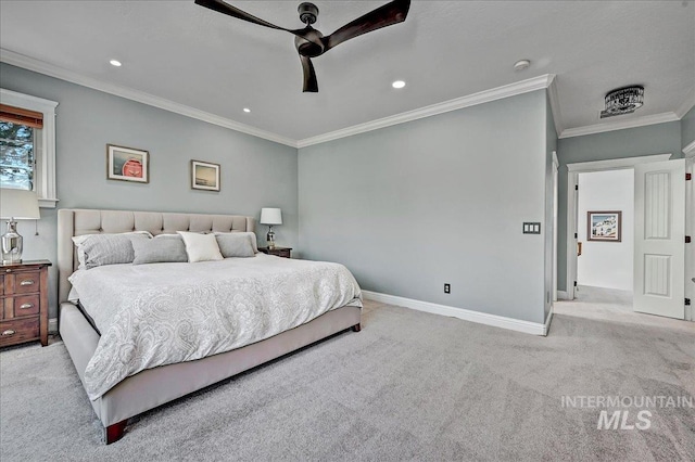 178 Cottonwood Ct, Eagle, ID 83616 - carpeted bedroom with crown molding, baseboards, ceiling fan, and recessed lighting