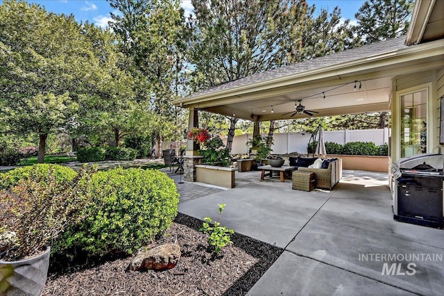 178 Cottonwood Ct, Eagle, ID 83616 - view of patio with ceiling fan, fence, outdoor lounge area, and a grill