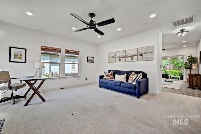 178 Cottonwood Ct, Eagle, ID 83616 - carpeted living area featuring baseboards, recessed lighting, ceiling fan, and visible vents