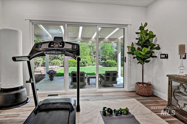 178 Cottonwood Ct, Eagle, ID 83616 - exercise room featuring baseboards and wood finished floors
