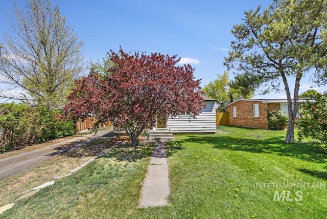 view of property hidden behind natural elements with dirt driveway and a front yard