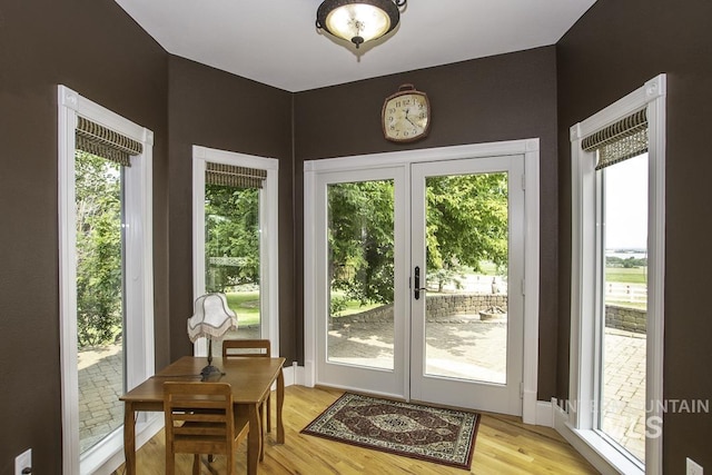 entryway with light wood-type flooring, french doors, and a healthy amount of sunlight