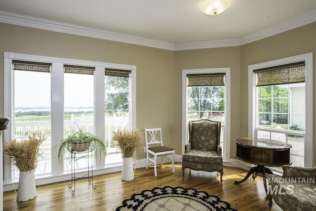 sitting room with ornamental molding, baseboards, plenty of natural light, and wood finished floors