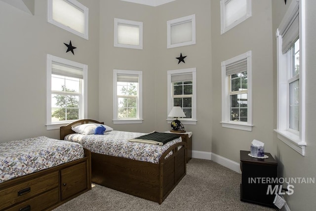bedroom with baseboards, carpet, and a towering ceiling