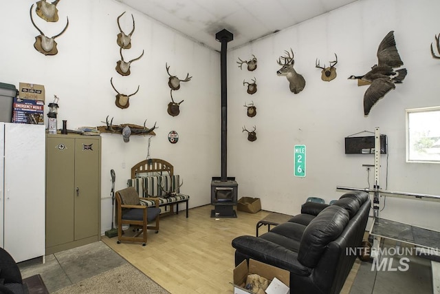 interior space featuring a wood stove