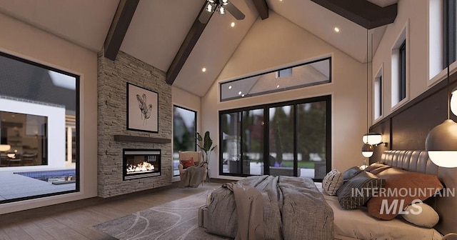 1976 W Oakhampton Dr, Eagle, ID 83616 - bedroom featuring beam ceiling, high vaulted ceiling, a stone fireplace, wood-type flooring, and access to outside