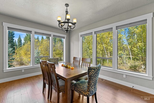 dining room with a textured ceiling, hardwood / wood-style floors, and a chandelier