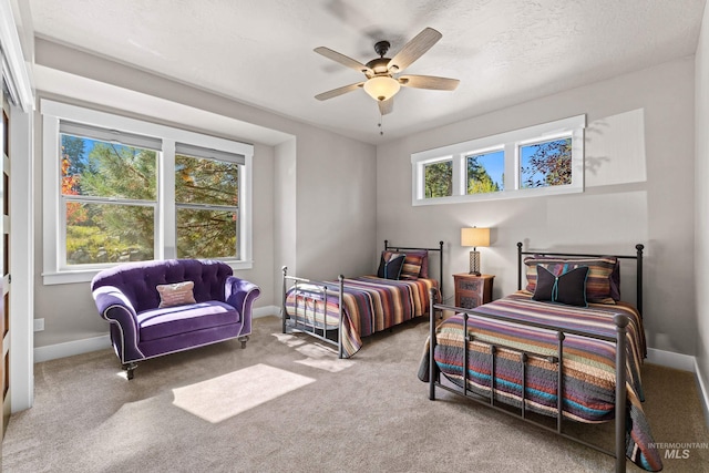 carpeted bedroom with ceiling fan, a textured ceiling, and multiple windows