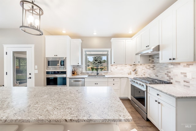 kitchen with white cabinets, appliances with stainless steel finishes, a sink, under cabinet range hood, and backsplash