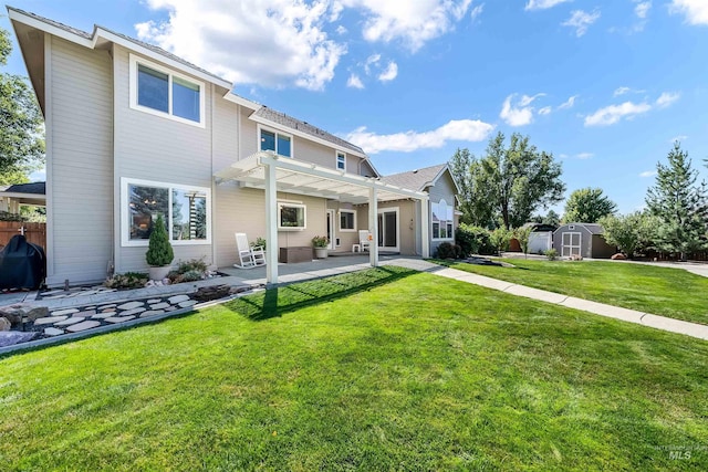 rear view of property featuring an outbuilding, a patio, a storage shed, fence, and a lawn