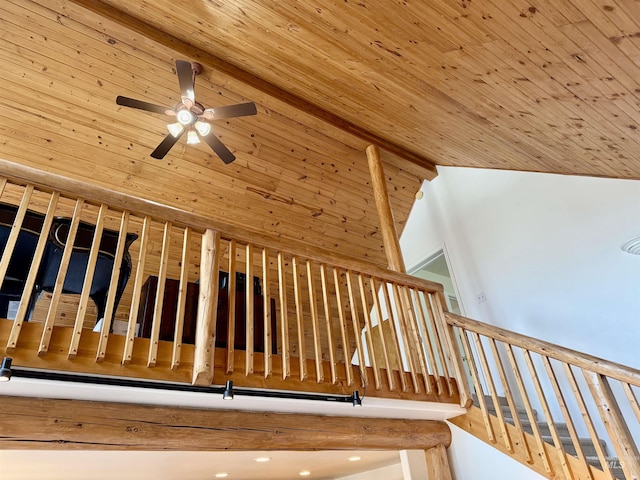 1425 Clements, Mccall, ID 83638 - staircase featuring wood ceiling, lofted ceiling, and a ceiling fan