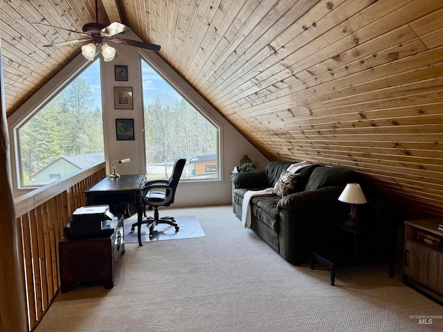 1425 Clements, Mccall, ID 83638 - carpeted office space with wood ceiling, plenty of natural light, ceiling fan, and vaulted ceiling