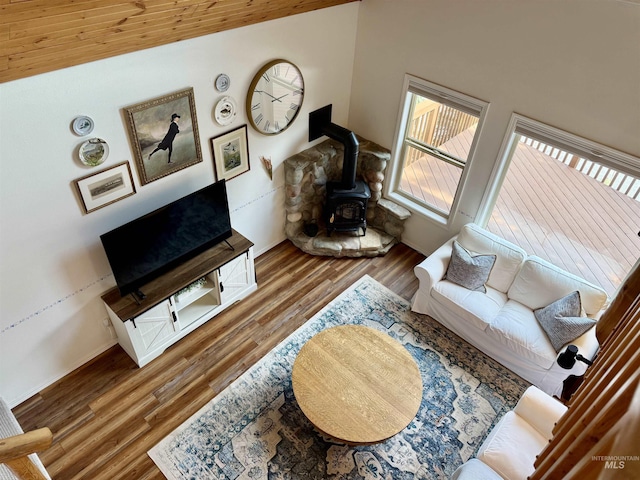 1425 Clements, Mccall, ID 83638 - living area featuring a wood stove, wood finished floors, and baseboards