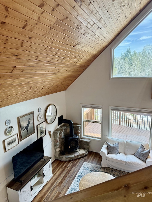 1425 Clements, Mccall, ID 83638 - living area featuring wood ceiling, lofted ceiling, a wood stove, and wood finished floors
