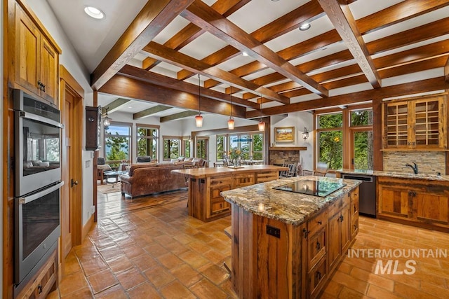 1418 Club Hill Blvd, Mccall, ID 83638 - kitchen featuring stainless steel appliances, brown cabinetry, a kitchen island, tasteful backsplash, and a sink