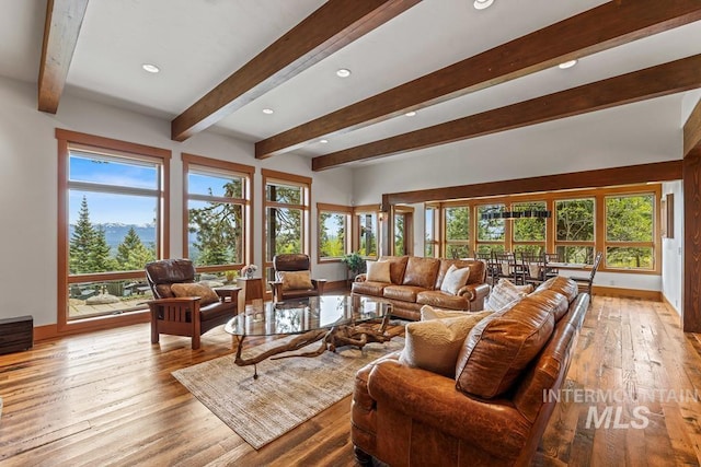 1418 Club Hill Blvd, Mccall, ID 83638 - living area with beam ceiling, wood-type flooring, baseboards, and recessed lighting