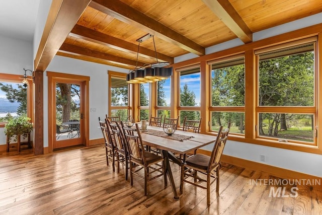 1418 Club Hill Blvd, Mccall, ID 83638 - dining area featuring baseboards, hardwood / wood-style floors, and wood ceiling with exposed beams