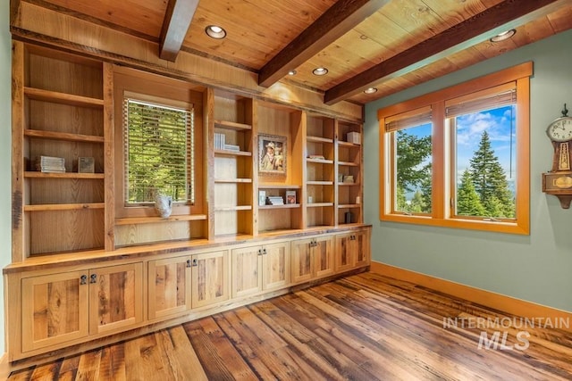 1418 Club Hill Blvd, Mccall, ID 83638 - unfurnished office with hardwood / wood-style floors, wooden ceiling with exposed beams, plenty of natural light, built in features, and baseboards