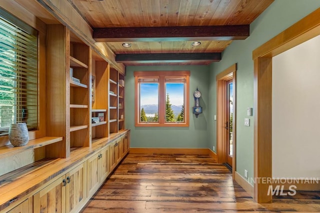 1418 Club Hill Blvd, Mccall, ID 83638 - hallway featuring dark wood-style flooring, healthy amount of natural light, baseboards, wood ceiling with exposed beams, and recessed lighting
