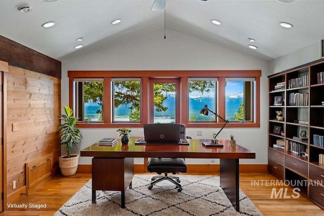 1418 Club Hill Blvd, Mccall, ID 83638 - home office featuring light wood-style flooring, vaulted ceiling, recessed lighting, ceiling fan, and baseboards