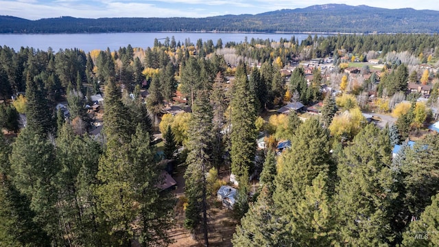 aerial view featuring a water and mountain view