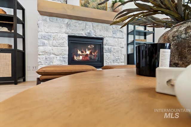 interior details with a fireplace and wood finished floors